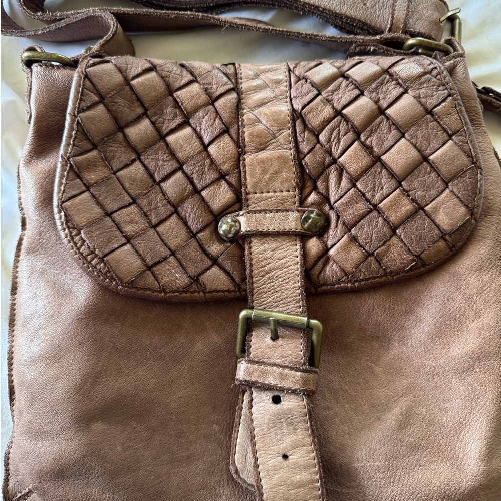 Civico93 Taupe Woven Flap Crossbody Bag with Adjustable Strap